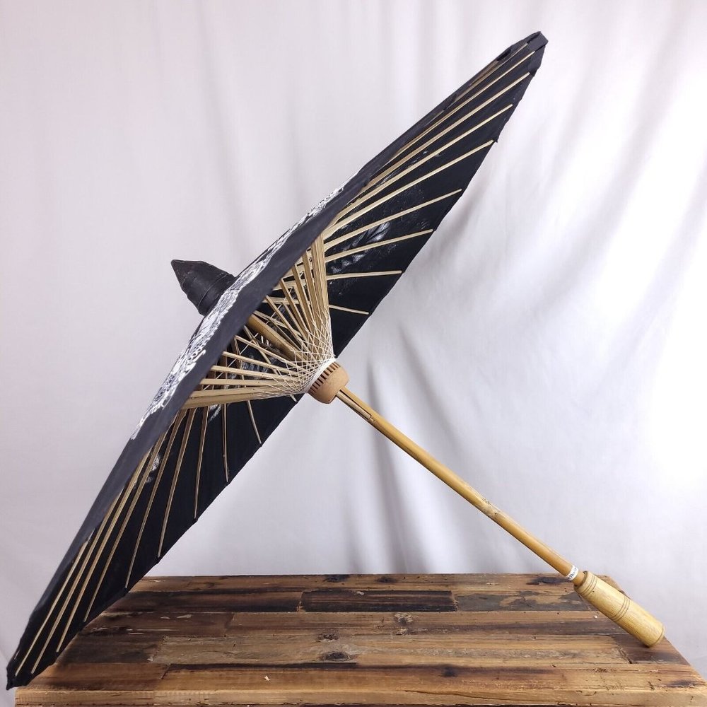 36" Asian Indoor Umbrella Display Decor Hand Drawn Black & White Dragon